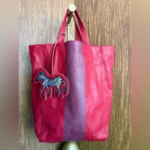 Saks Fifth Avenue Faux Leather Colorblock Tote Bag Red Pink with Zebra‎ Charm